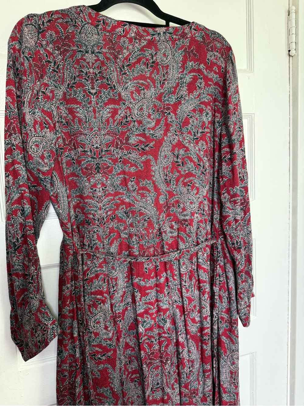 Lucky Brand Red & Grey Paisley Boho-Chic V-Neck Long-Sleeve Maxi Dress 70’s L - Picture 15 of 16